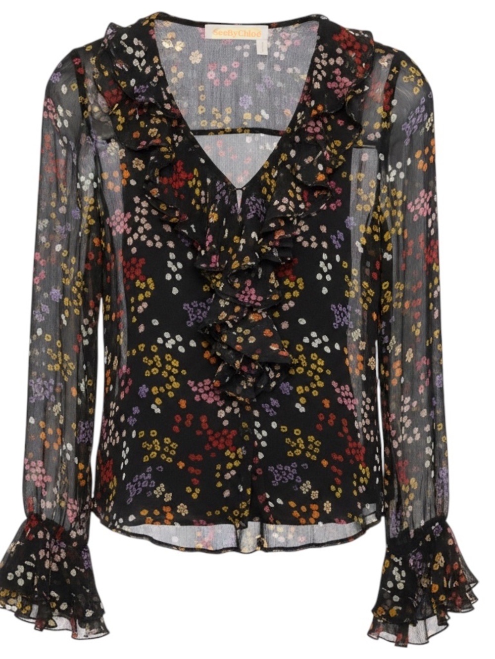 SEE BY CHLOE BLACK MULTICOLOR FLORAL PRINTED SHEER SILK CHIFFON BLOUSE WITH CAMI